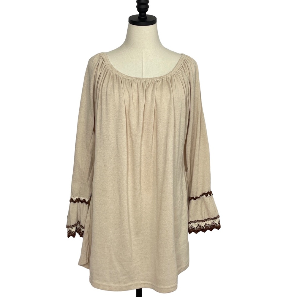 WinWin Tunic Tan with Brown Crochet Accent Bell Sleeves Size L/XL